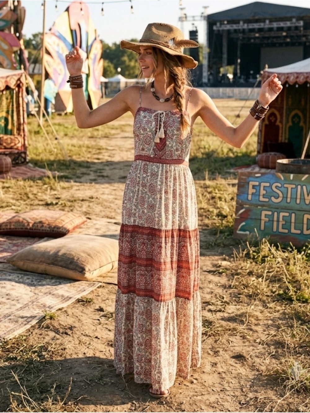 Ecote Boho Maxi Dress in Cream and Rust Red